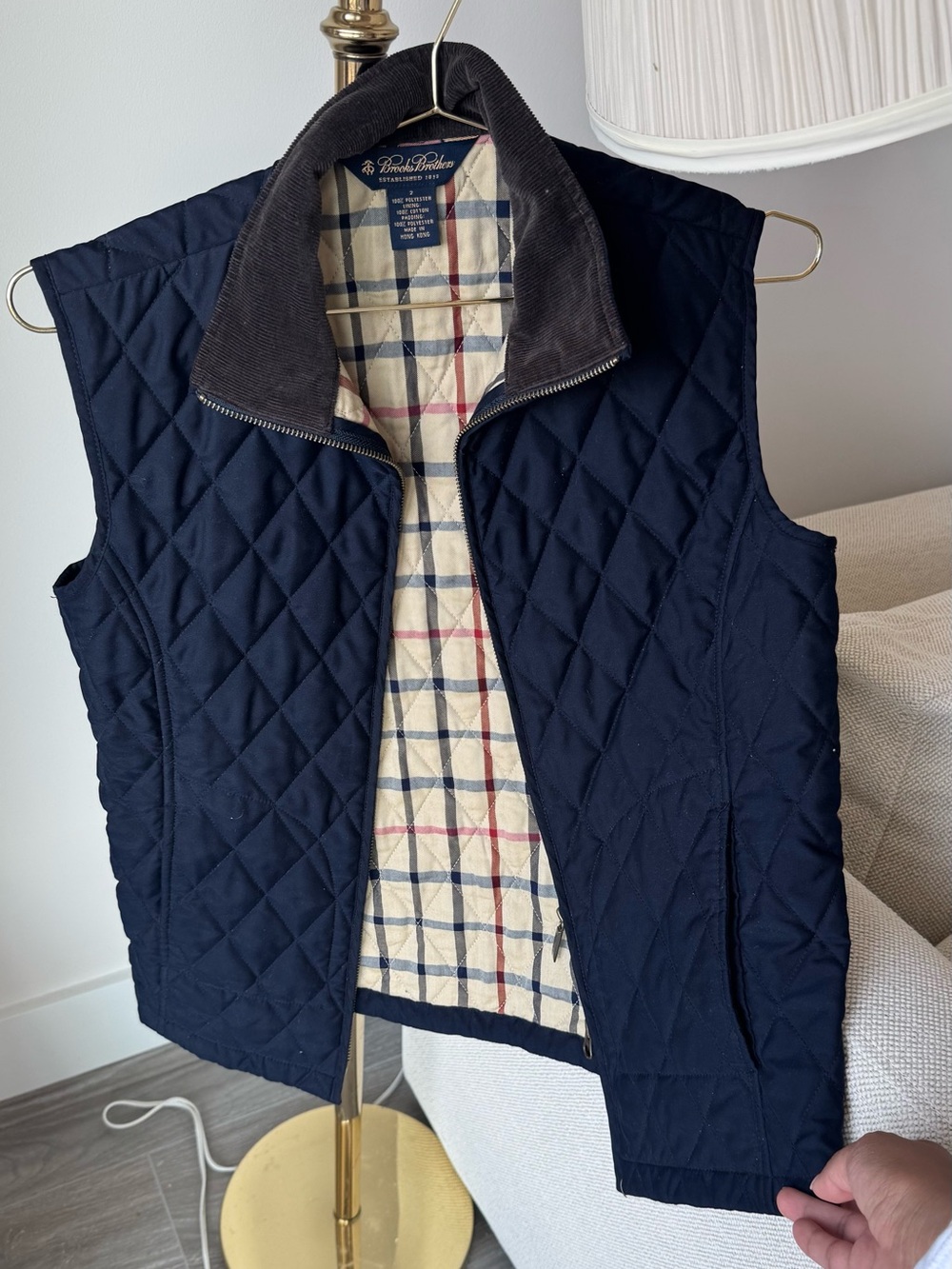 Brooks Brothers Navy Diamond-Quilt Vest with Corduroy Collar